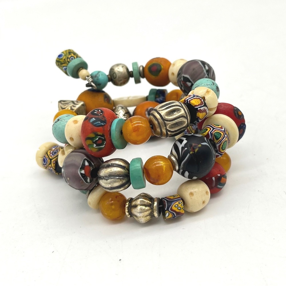 Bohemian Multi Strand Coil Wrap Bracelet Millefiori Clay Trade Beads Mixed Media